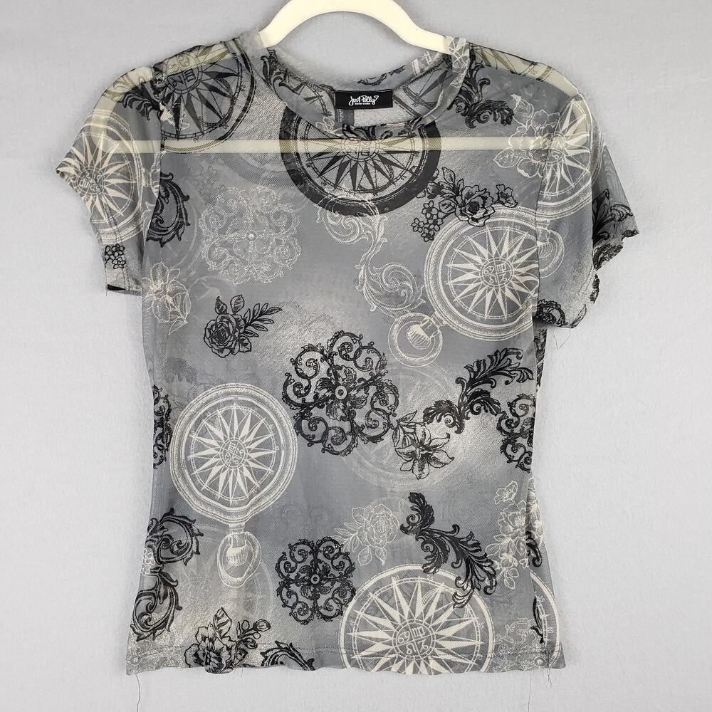Just Polly Size S Sheer Mesh Shot‎ Sleeve Top Gray Black Whimsigoth Steampunk